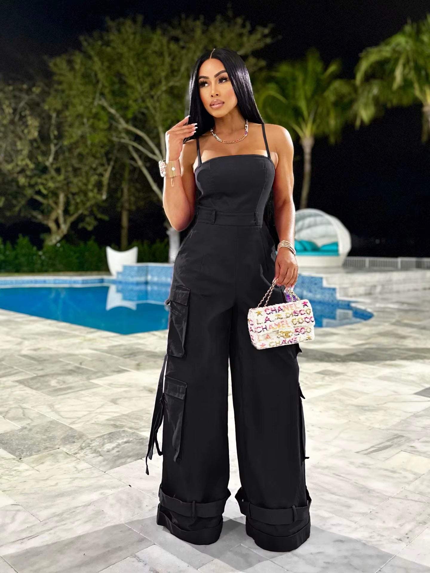 Sexy Women Spaghetti Strap Elegant Night Club Casual Romper Overalls Multi Pockets Wide Leg Cargo Jumpsuit