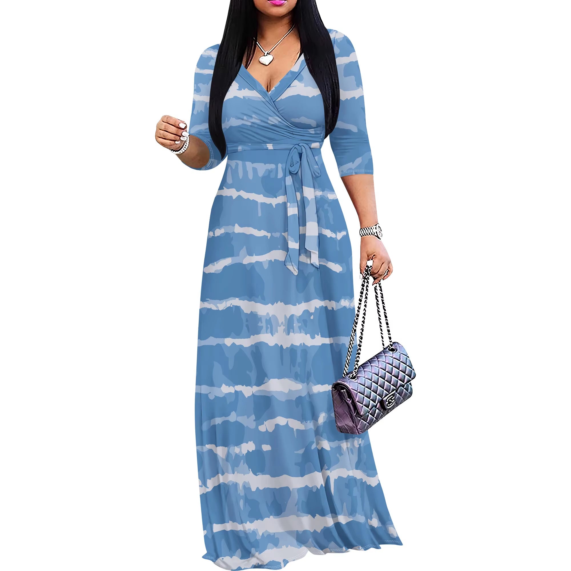 Abstract Organic Print V-Neck 3/4 Sleeve Wrap Maxi Dress with Belt - Women'S Modern Artistic Party Evening Resortwear