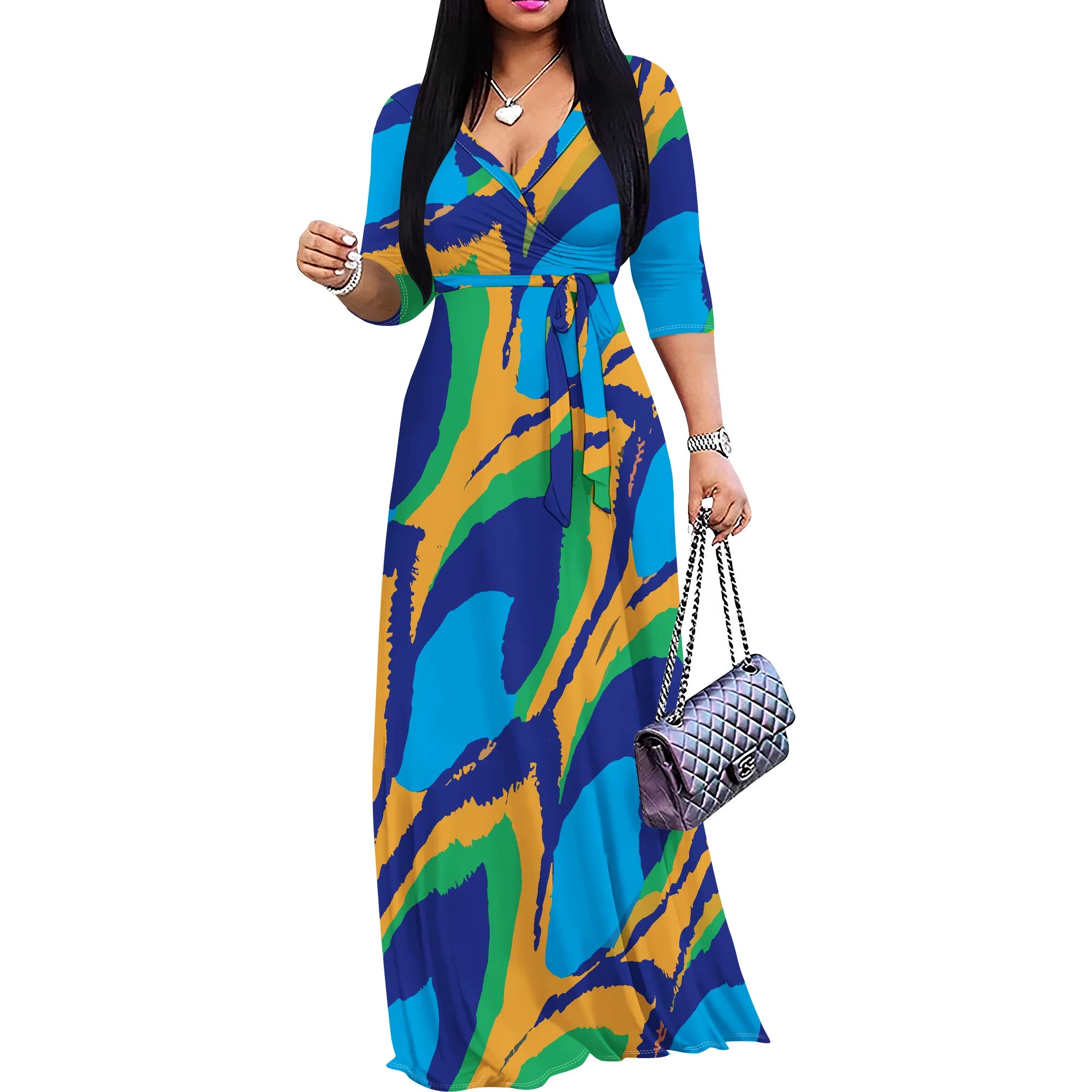 Abstract Organic Print V-Neck 3/4 Sleeve Wrap Maxi Dress with Belt - Women'S Modern Artistic Party Evening Resortwear