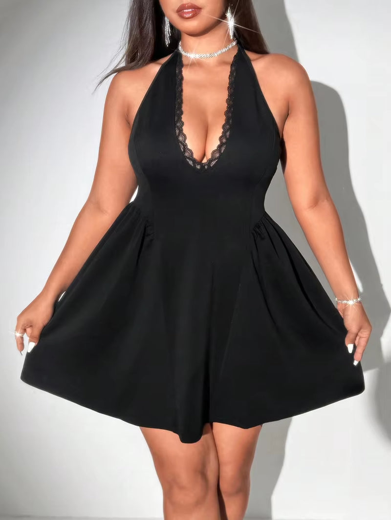 Plus Size Spring/Summer New Arrival Dress V-Neck Sensual Lace-Trimmed Sleeveless Puff-Skirt Evening Gown Solid Colour