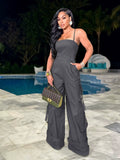 Sexy Women Spaghetti Strap Elegant Night Club Casual Romper Overalls Multi Pockets Wide Leg Cargo Jumpsuit