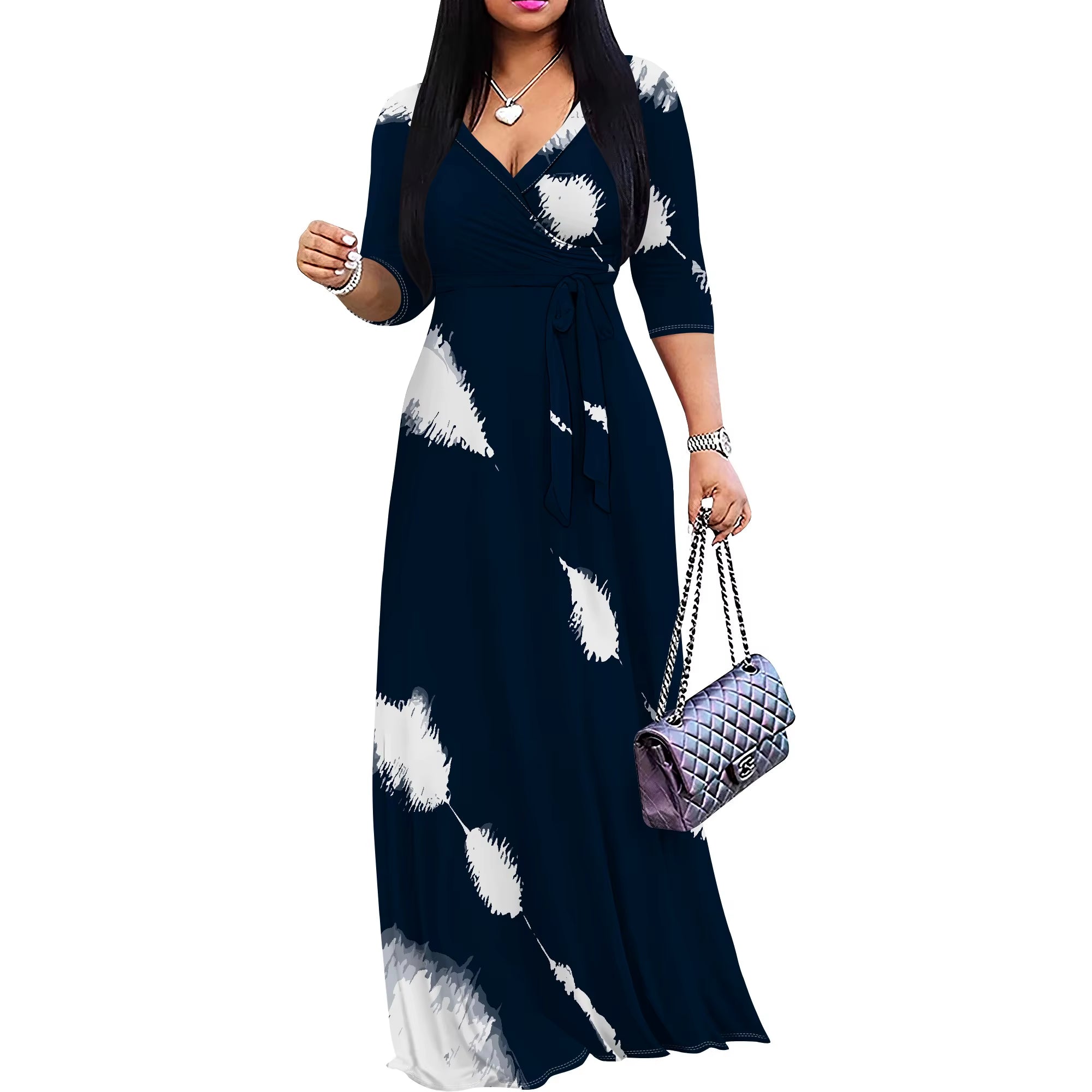 Abstract Organic Print V-Neck 3/4 Sleeve Wrap Maxi Dress with Belt - Women'S Modern Artistic Party Evening Resortwear