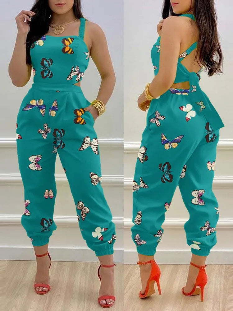 Elevate Your Summer Style with Our Elegant Printed Sleeveless Jumpsuit - Chic Hollow Backless Design with Lace-Up Detail and Convenient Pockets!