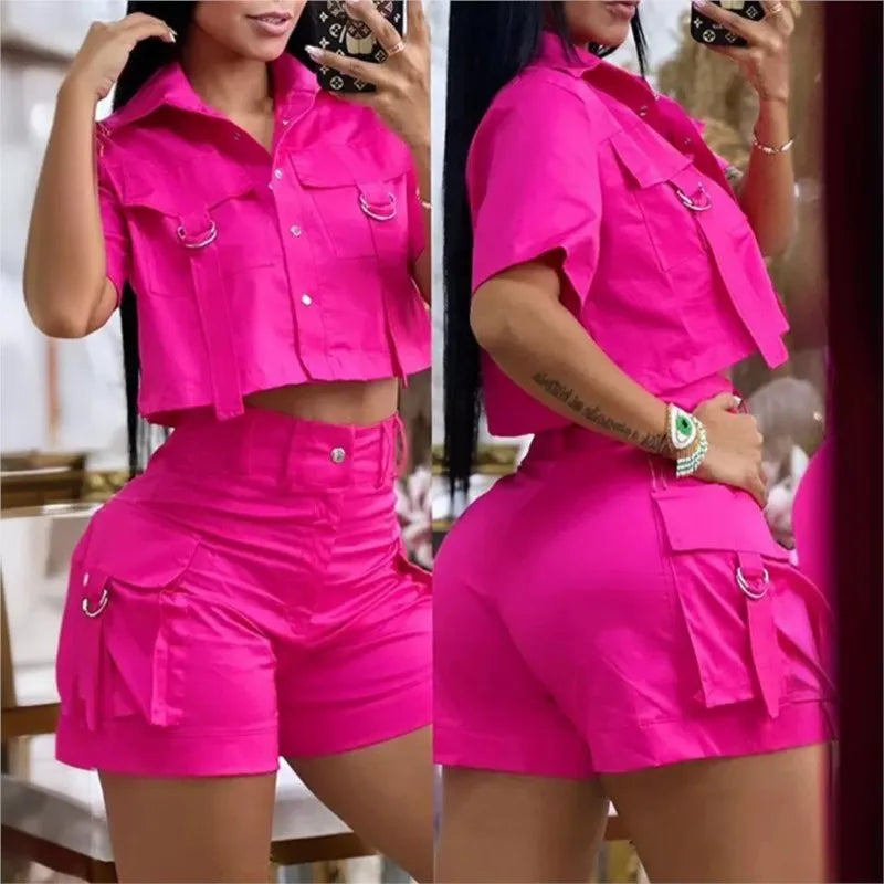 Stylish Two-Piece Women's Summer Outfit with Short Sleeve Crop Top and Casual Pocket Design Pants