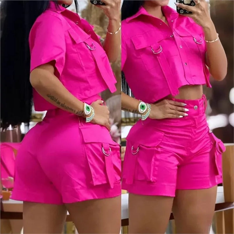 Stylish Two-Piece Women's Summer Outfit with Short Sleeve Crop Top and Casual Pocket Design Pants