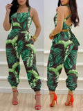 Elevate Your Summer Style with Our Elegant Printed Sleeveless Jumpsuit - Chic Hollow Backless Design with Lace-Up Detail and Convenient Pockets!