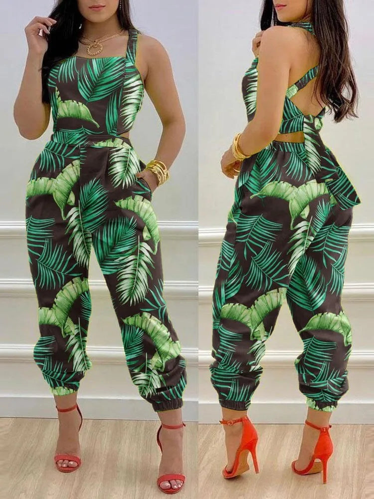 Elevate Your Summer Style with Our Elegant Printed Sleeveless Jumpsuit - Chic Hollow Backless Design with Lace-Up Detail and Convenient Pockets!