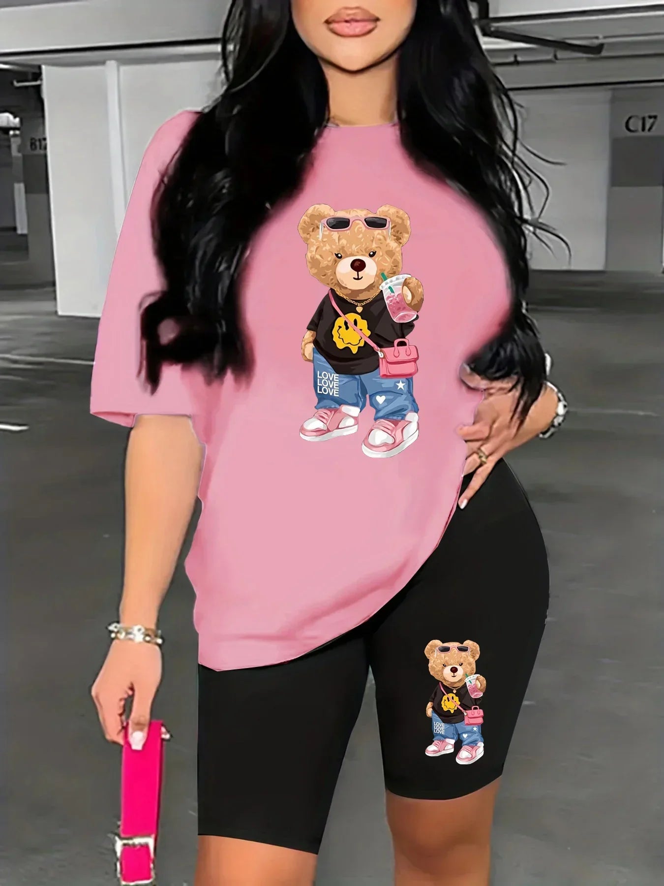 Charming Summer Women's Bear Cartoon Print Casual T-Shirt and Shorts Set - Perfect for Home and Relaxation