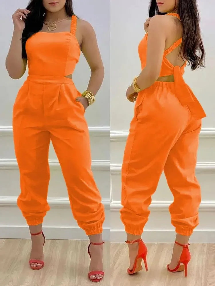 Elevate Your Summer Style with Our Elegant Printed Sleeveless Jumpsuit - Chic Hollow Backless Design with Lace-Up Detail and Convenient Pockets!