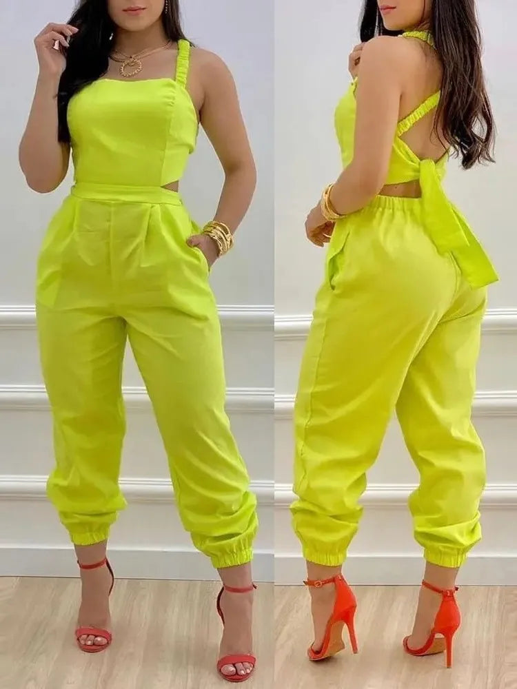 Elevate Your Summer Style with Our Elegant Printed Sleeveless Jumpsuit - Chic Hollow Backless Design with Lace-Up Detail and Convenient Pockets!