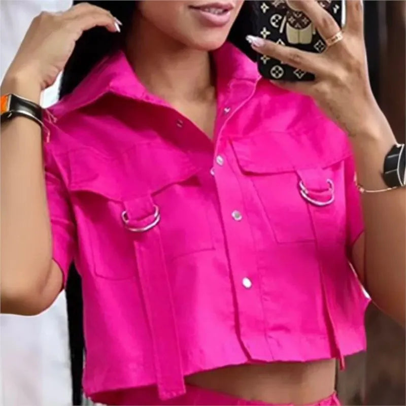 Stylish Two-Piece Women's Summer Outfit with Short Sleeve Crop Top and Casual Pocket Design Pants