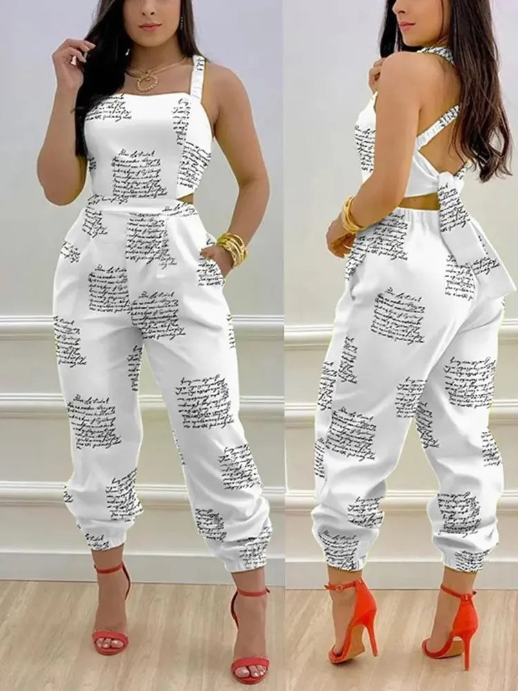Elevate Your Summer Style with Our Elegant Printed Sleeveless Jumpsuit - Chic Hollow Backless Design with Lace-Up Detail and Convenient Pockets!