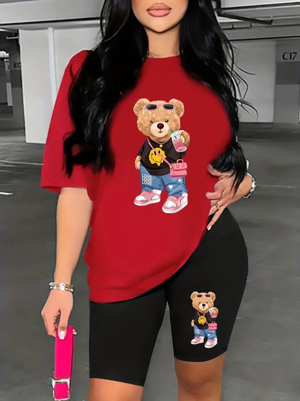 Charming Summer Women's Bear Cartoon Print Casual T-Shirt and Shorts Set - Perfect for Home and Relaxation