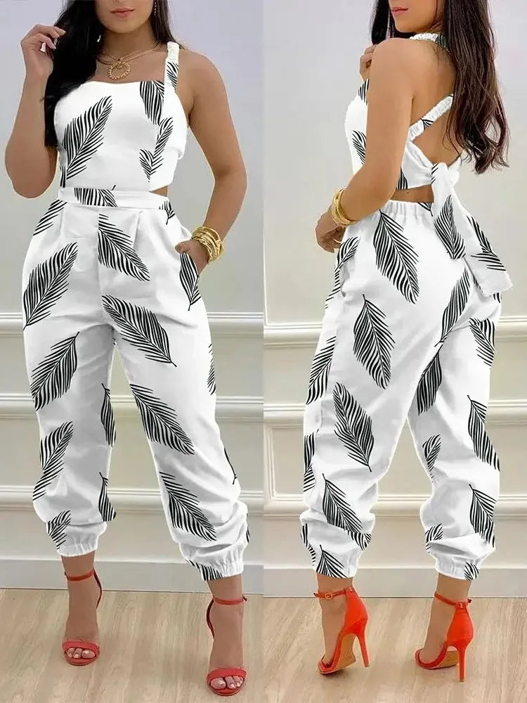 Elevate Your Summer Style with Our Elegant Printed Sleeveless Jumpsuit - Chic Hollow Backless Design with Lace-Up Detail and Convenient Pockets!