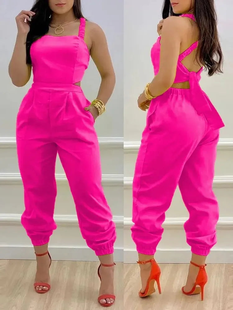 Elevate Your Summer Style with Our Elegant Printed Sleeveless Jumpsuit - Chic Hollow Backless Design with Lace-Up Detail and Convenient Pockets!