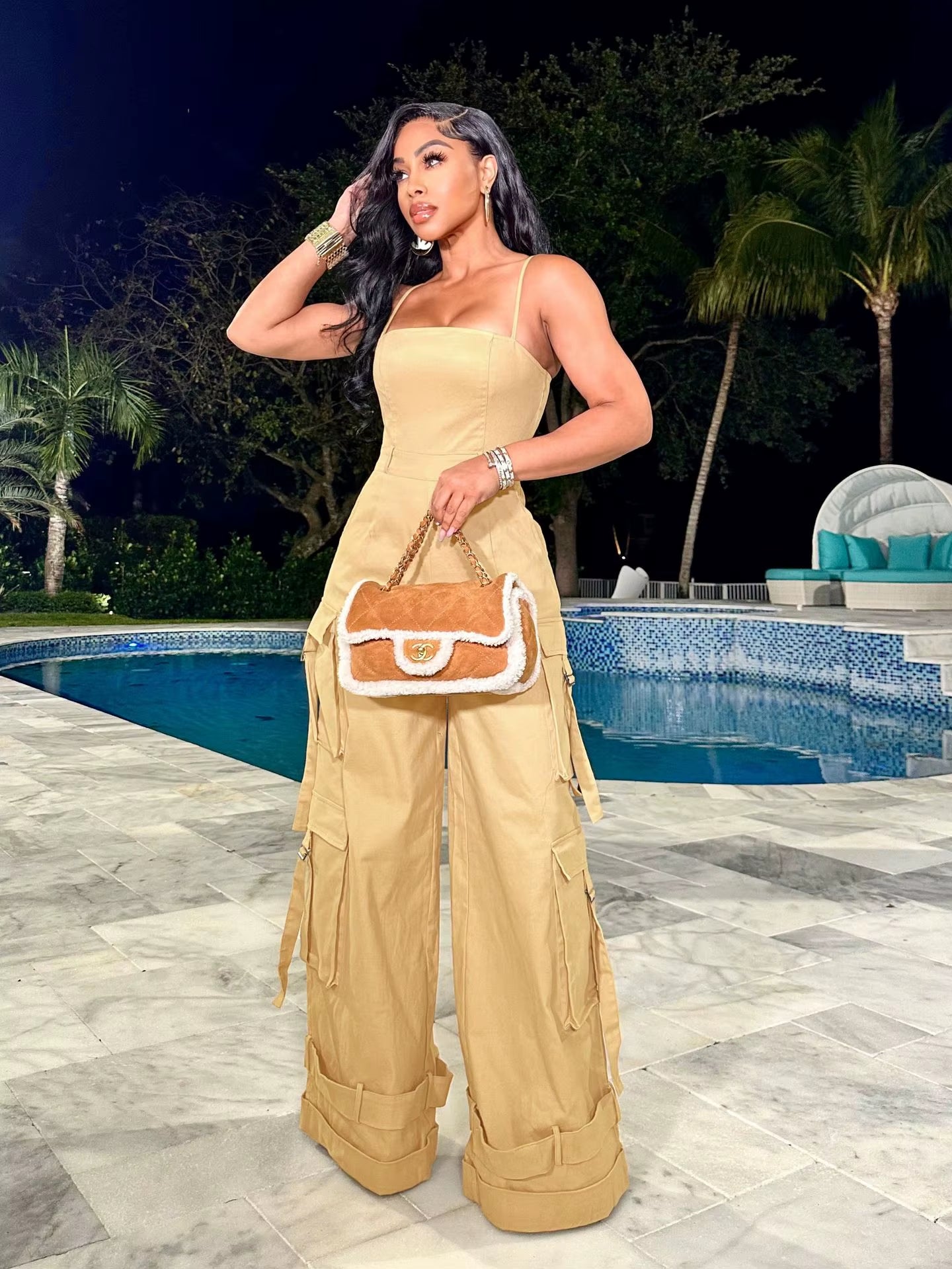 Sexy Women Spaghetti Strap Elegant Night Club Casual Romper Overalls Multi Pockets Wide Leg Cargo Jumpsuit