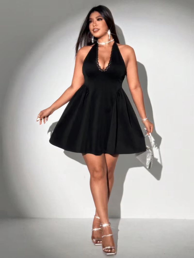 Plus Size Spring/Summer New Arrival Dress V-Neck Sensual Lace-Trimmed Sleeveless Puff-Skirt Evening Gown Solid Colour