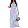 Abstract Organic Print V-Neck 3/4 Sleeve Wrap Maxi Dress with Belt - Women'S Modern Artistic Party Evening Resortwear